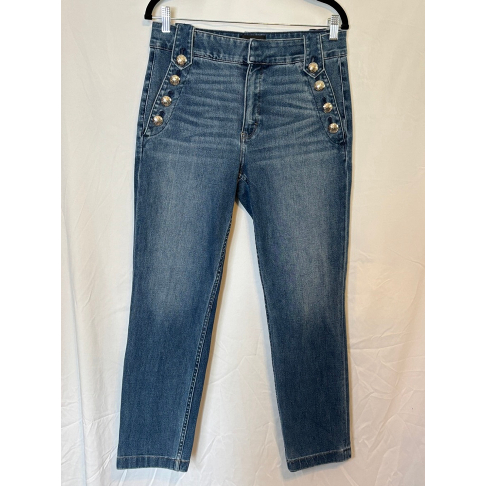 White House Black Market High Rise Straight Jeans Size 8 Gold Military Button - Picture 15 of 16